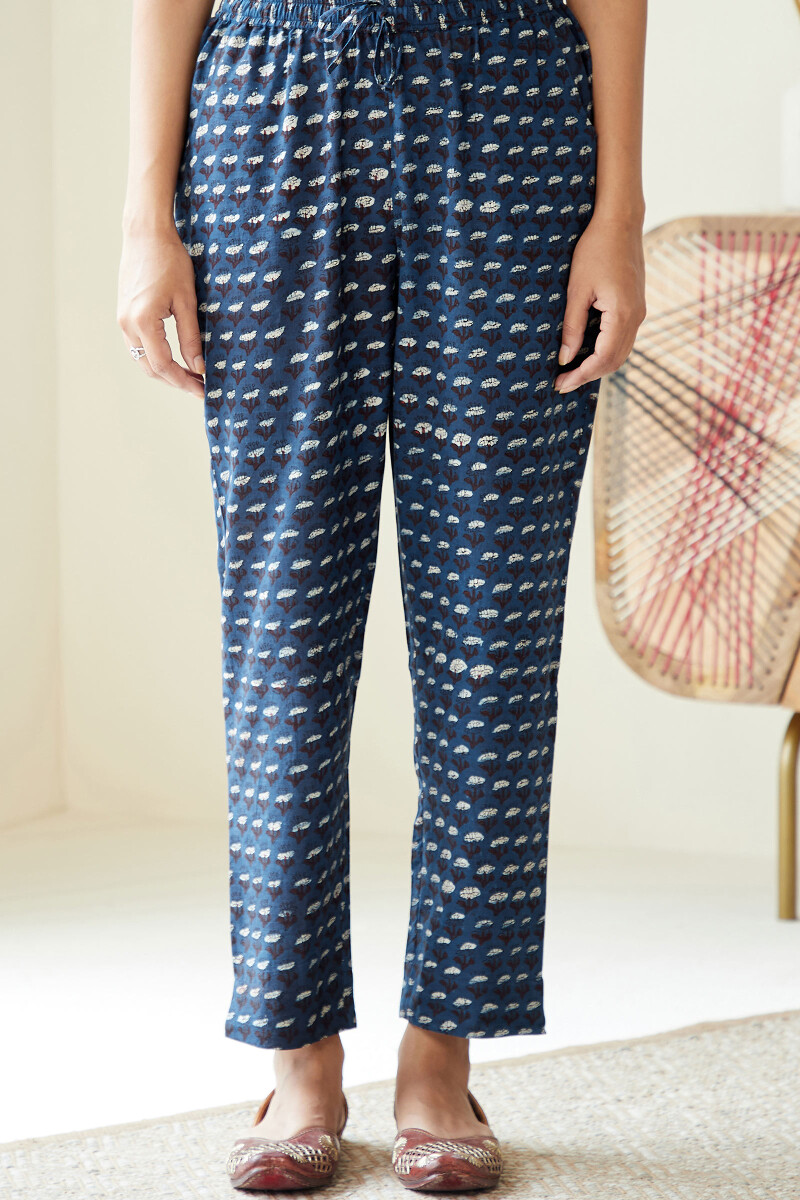 Indigo Hand Block-Printed Cotton Narrow Pants