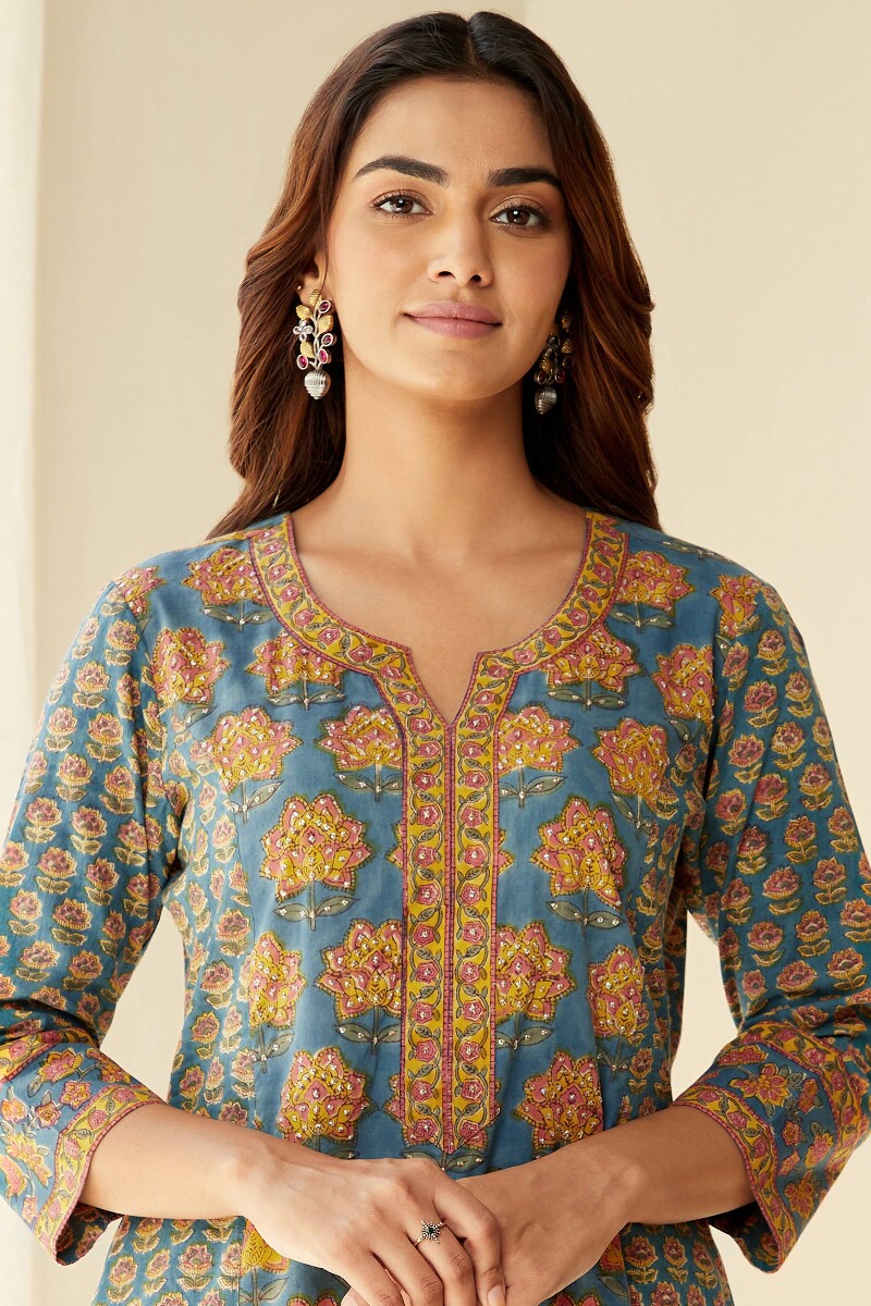 Blue Hand Block-Printed Straight Cotton Kurta