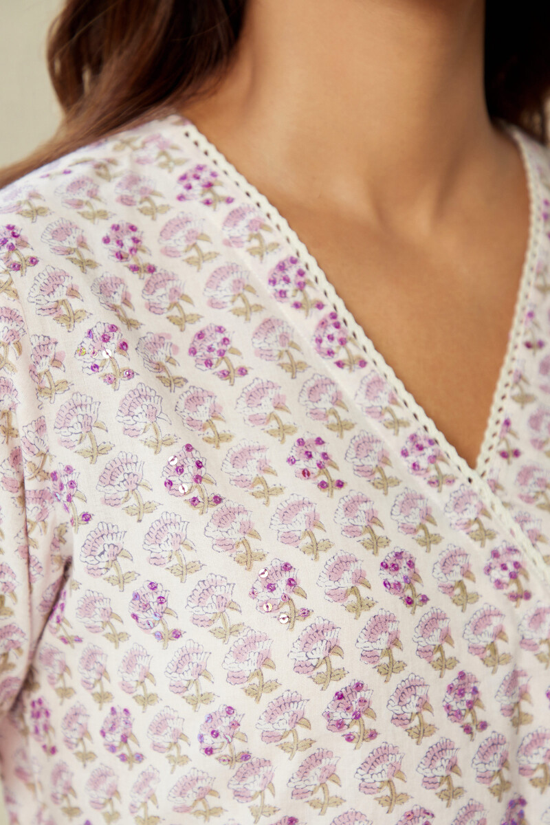 Purple Hand Block-Printed Straight Cotton Kurta