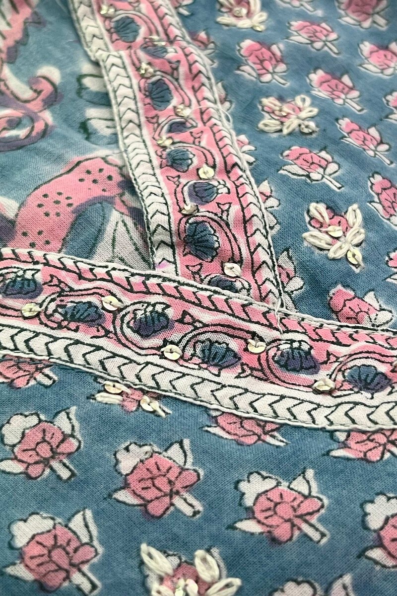 Crystal Blue Hand Block-Printed A-Line Cotton Mul Kurta