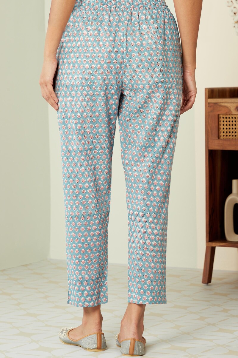Crystal Blue Hand Block-Printed Cotton Narrow Pants