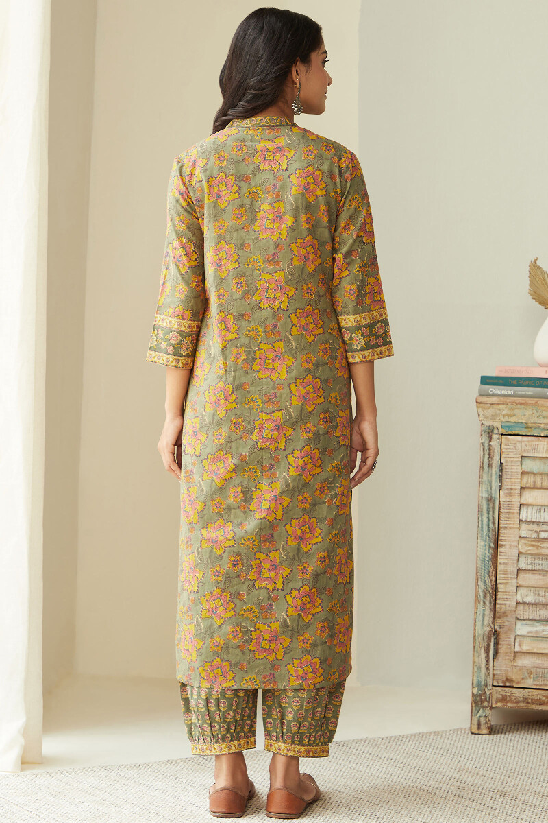 Olive Green Hand Block-Printed Straight Cotton Kurta