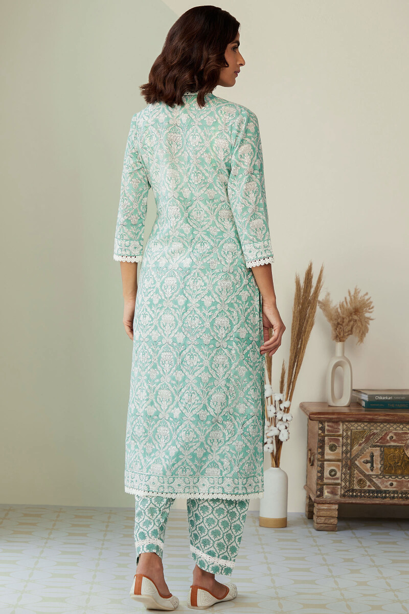 Green Hand Block-Printed Straight Cotton Kurta
