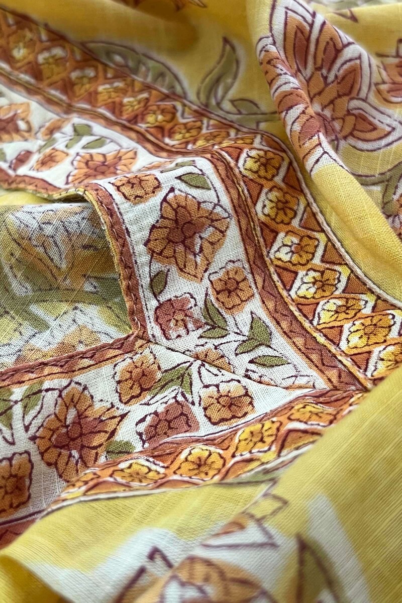 Yellow Hand Block-Printed Straight Cotton Slub Kurta
