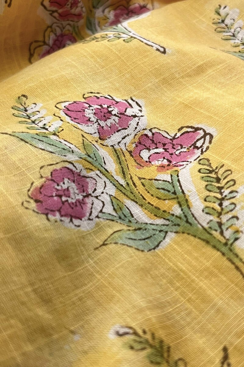 Yellow Hand Block-Printed Straight Cotton Slub Kurta