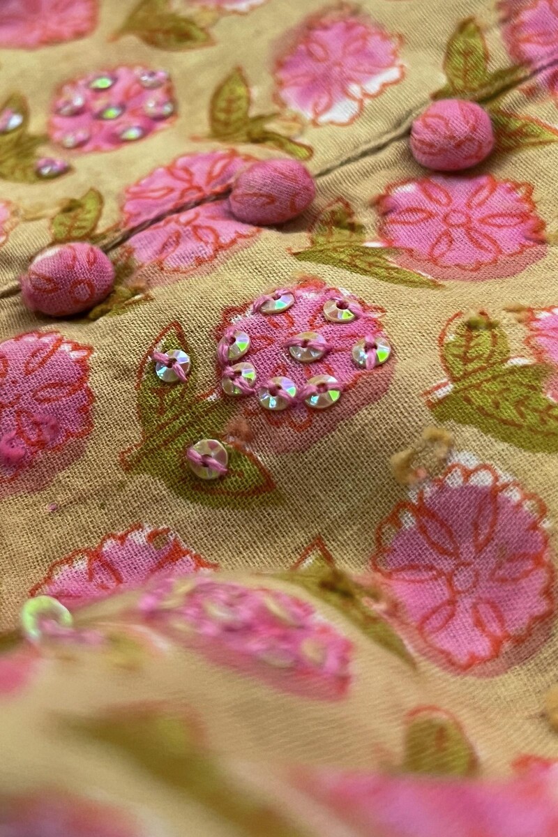 Beige Hand Block-Printed. Straight Cotton Dobby Kurta