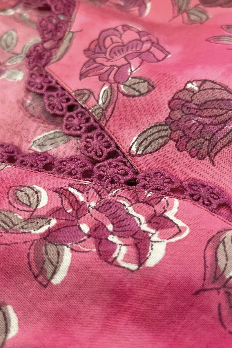 Pink Hand Block-Printed Straight Cotton Kurta