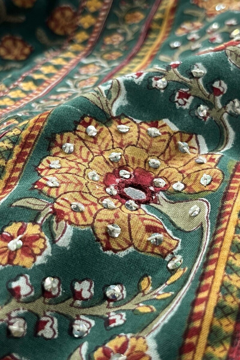 Green Hand Block-Printed Straight Cotton Kurta