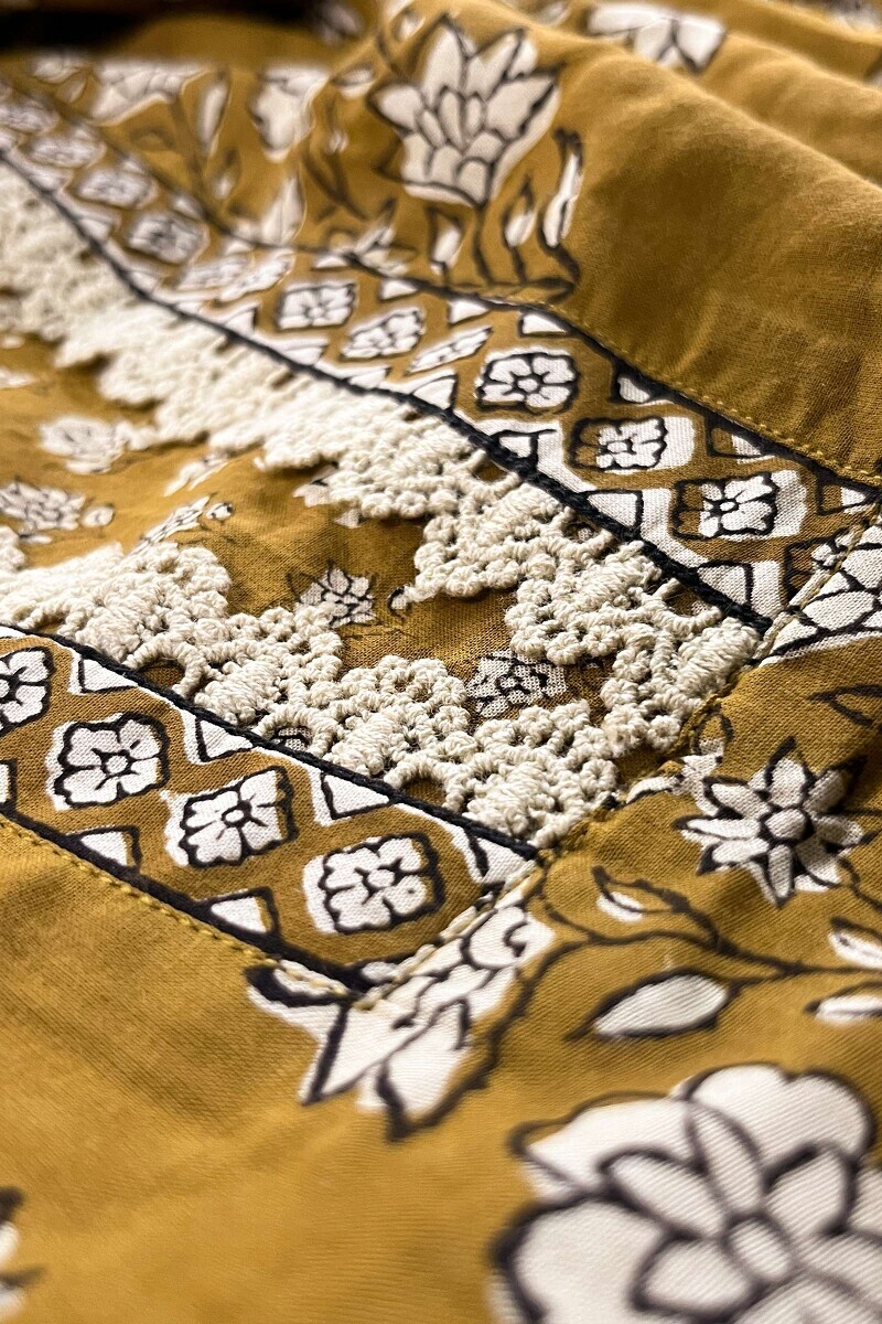 Mustard Hand Block-Printed Straight Viscose Kurta