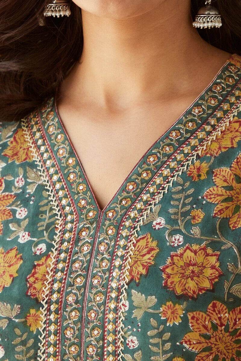 Green Hand Block-Printed Straight Cotton Kurta
