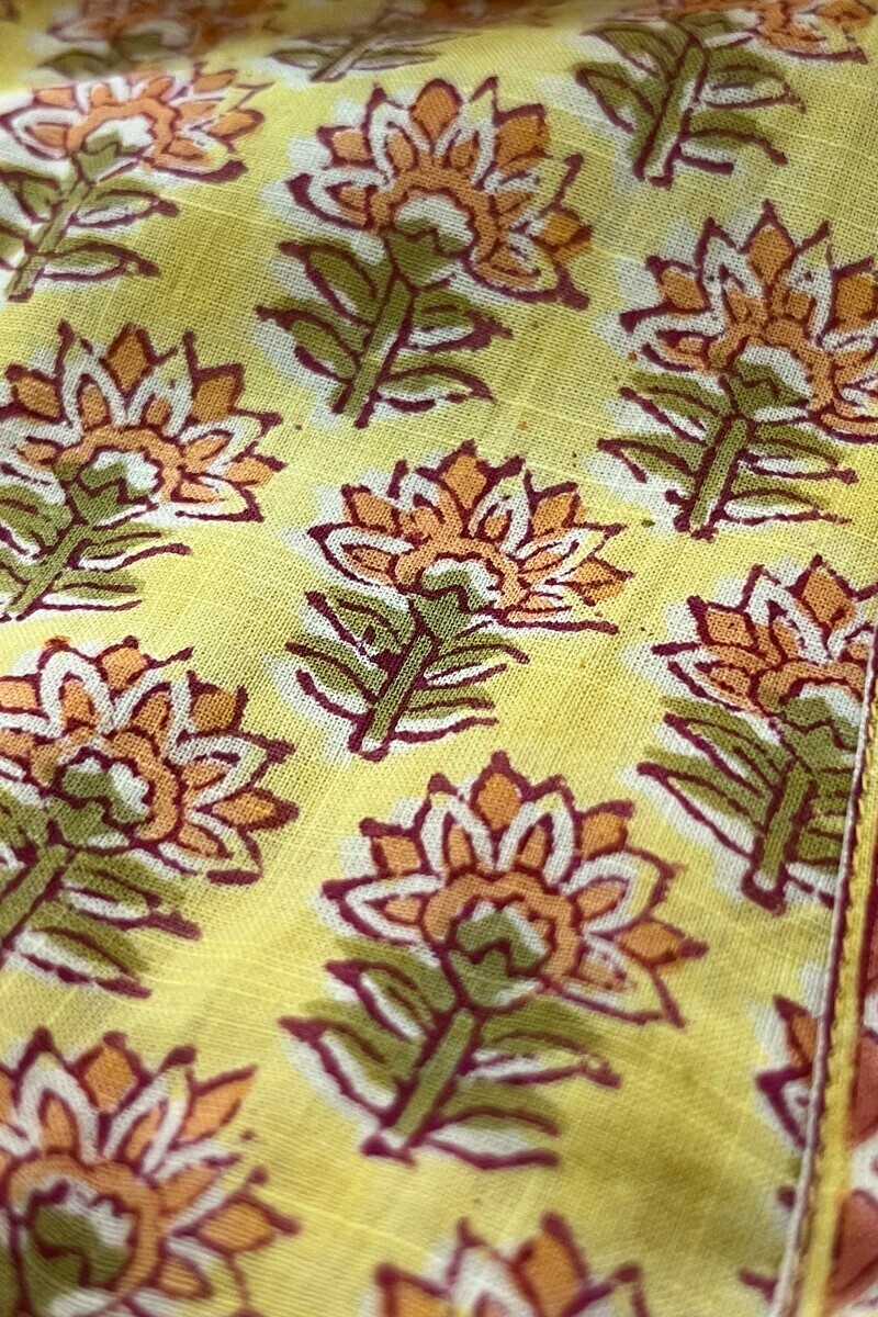 Yellow Hand Block-Printed Straight Cotton Slub Kurta