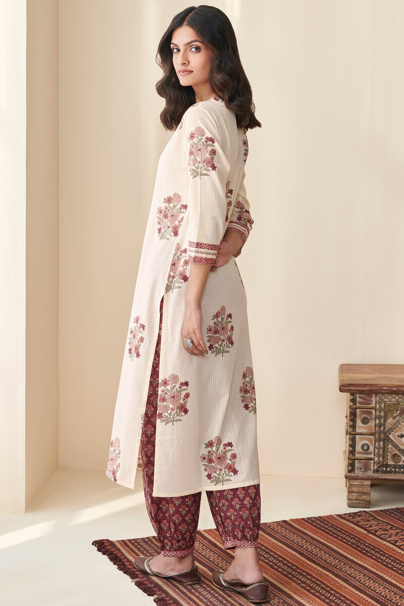 Beige Hand Block-Printed Straight Cotton Dobby Kurta