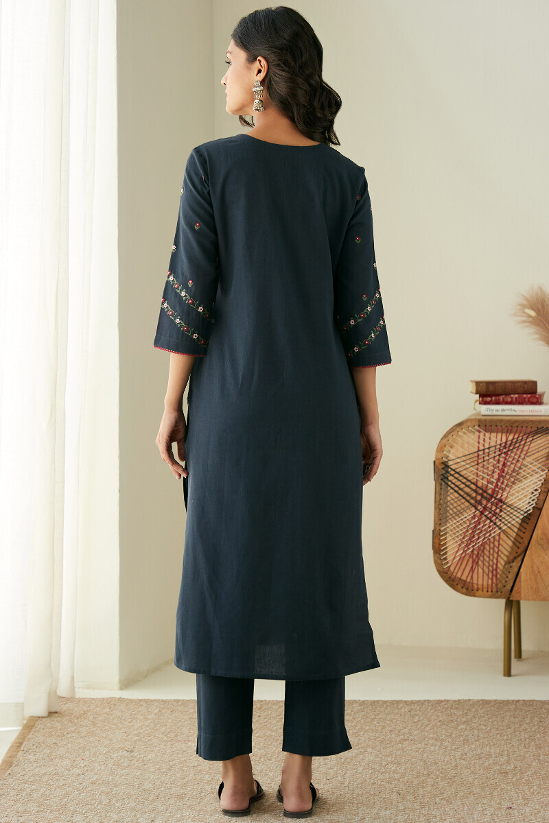 Blue Handcrafted Straight Cotton Flax Kurta
