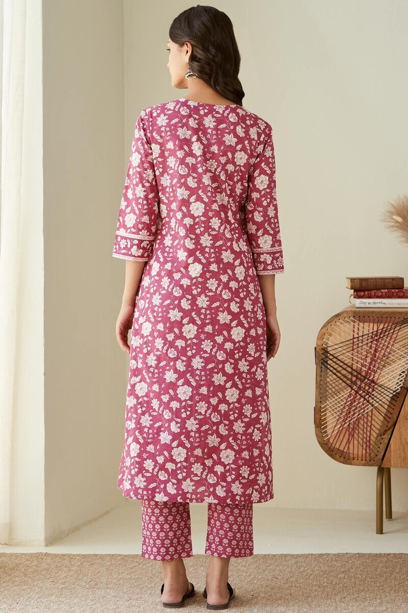 Pink Hand Printed Straight Cotton Kurta