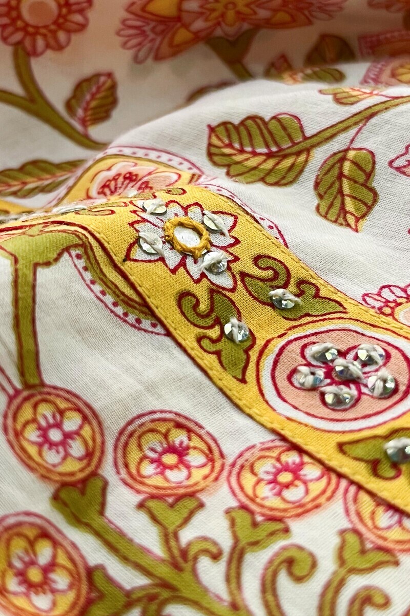 White Hand Printed Straight Cotton Kurta