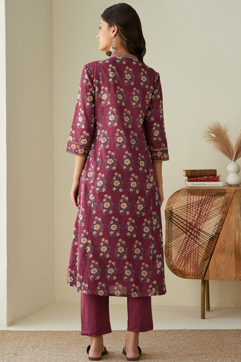 Red Hand Printed Angrakha Cotton Dobby Kurta