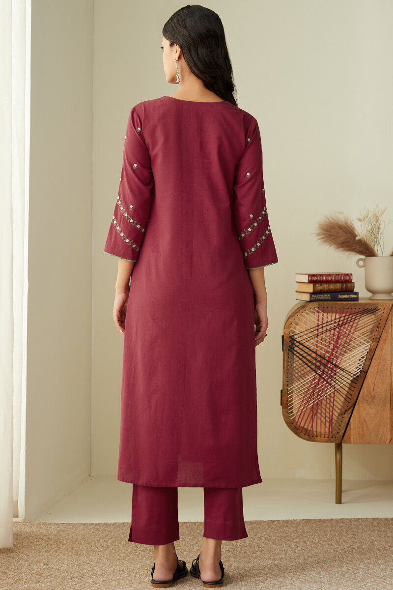 Red Handcrafted Straight Cotton Flax Kurta