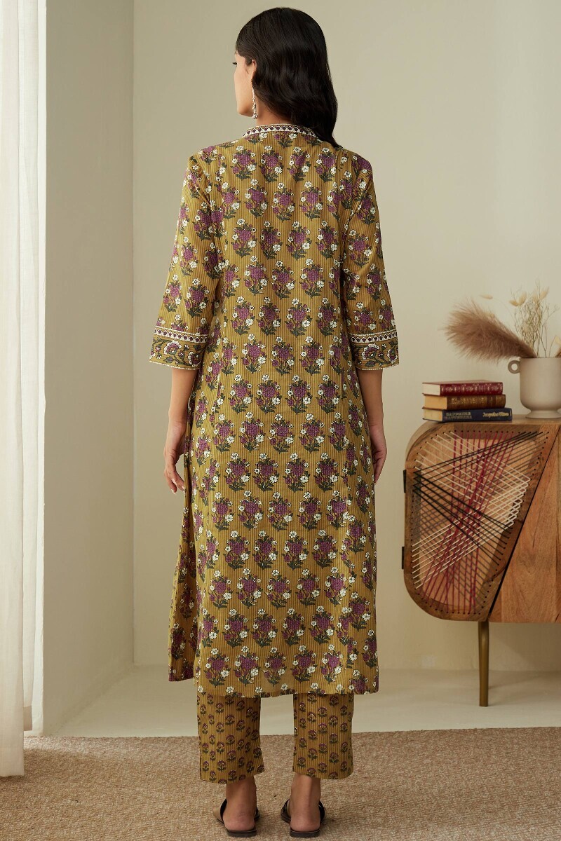Mustard Hand Printed Angrakha Cotton Dobby Kurta