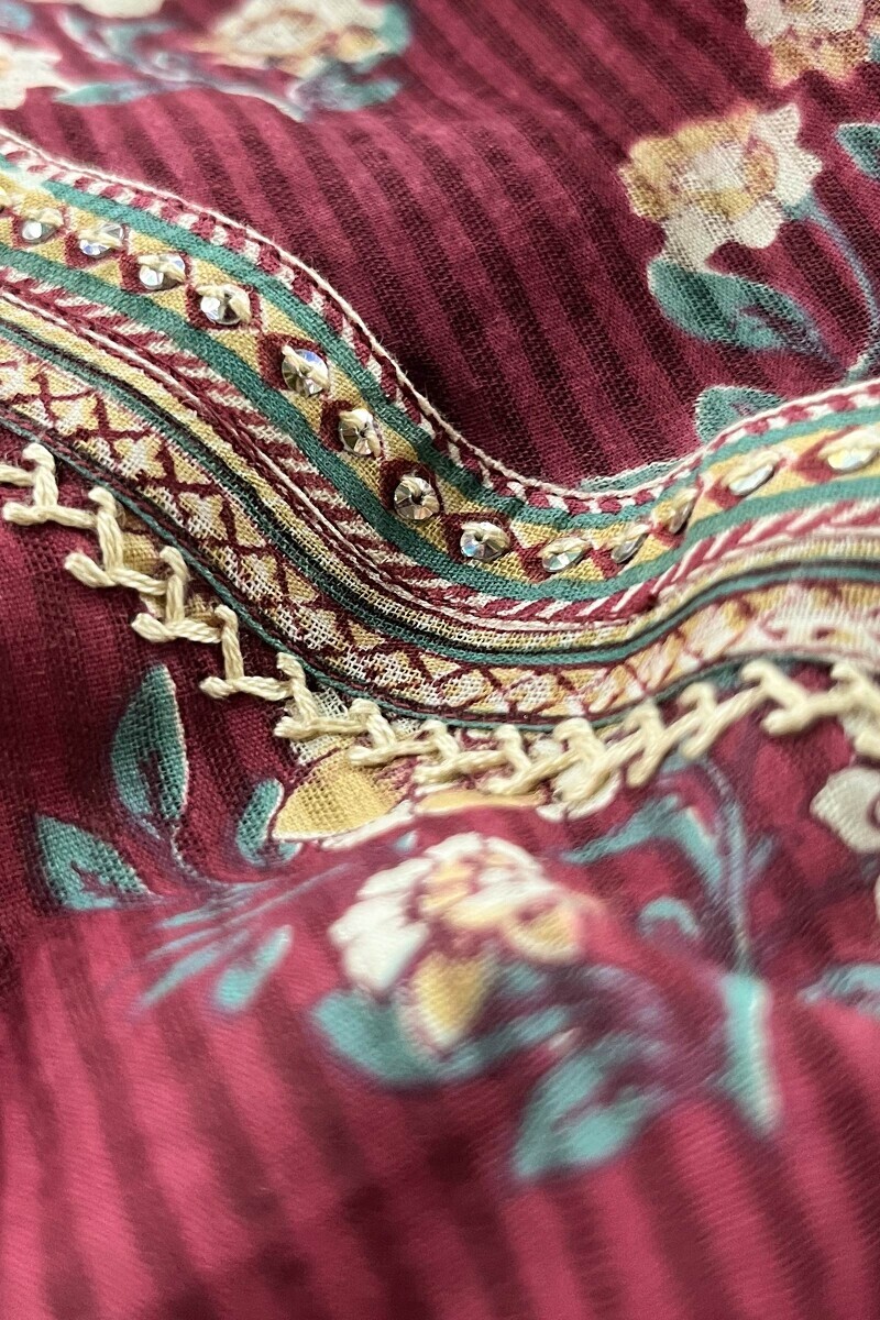 Red Hand Printed Straight Cotton Dobby Kurta