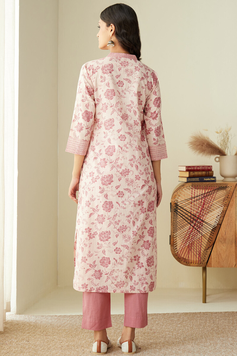 Pink Hand Printed Straight Cotton Slub Kurta