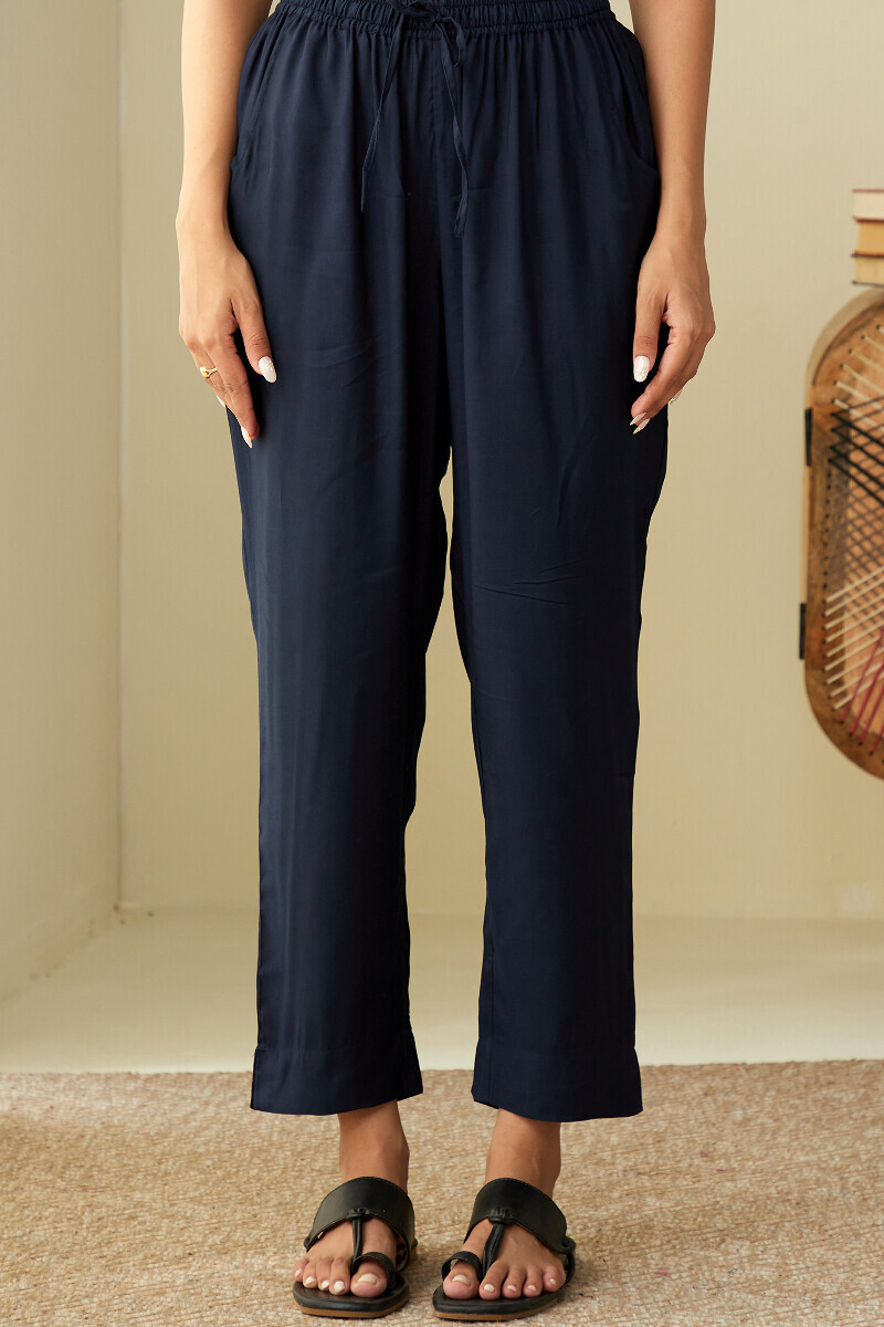 Blue Handcrafted Viscose Narrow Pants