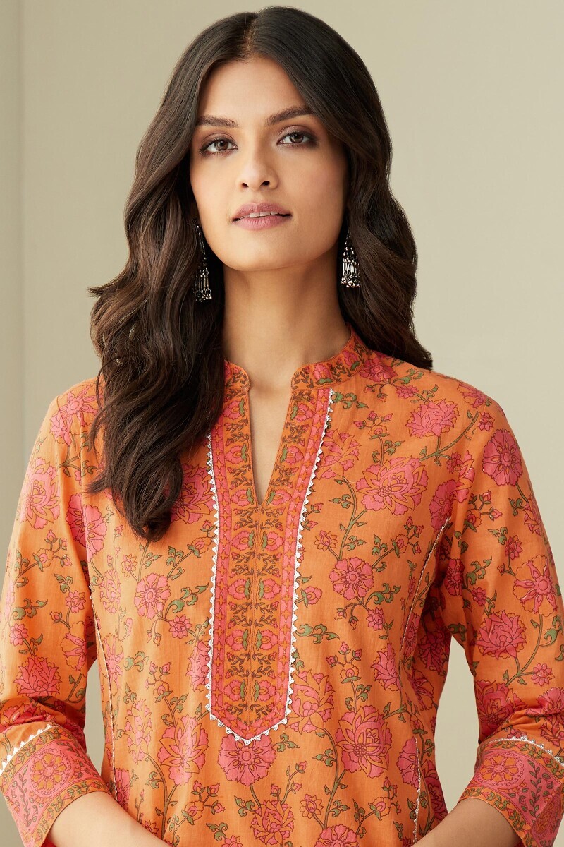 Orange Hand Printed Straight Cotton Kurta