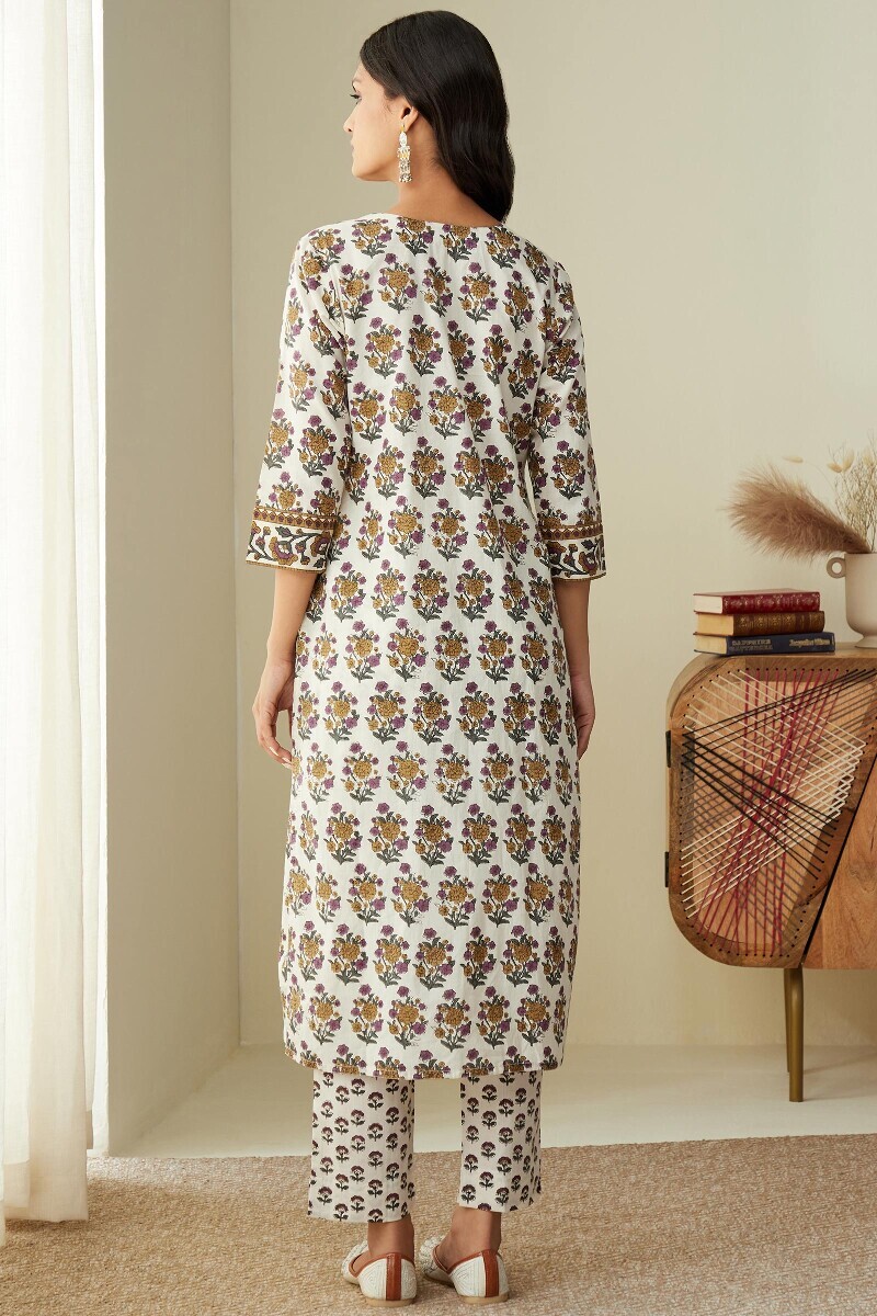 Cream Hand Printed Straight Cotton Kurta
