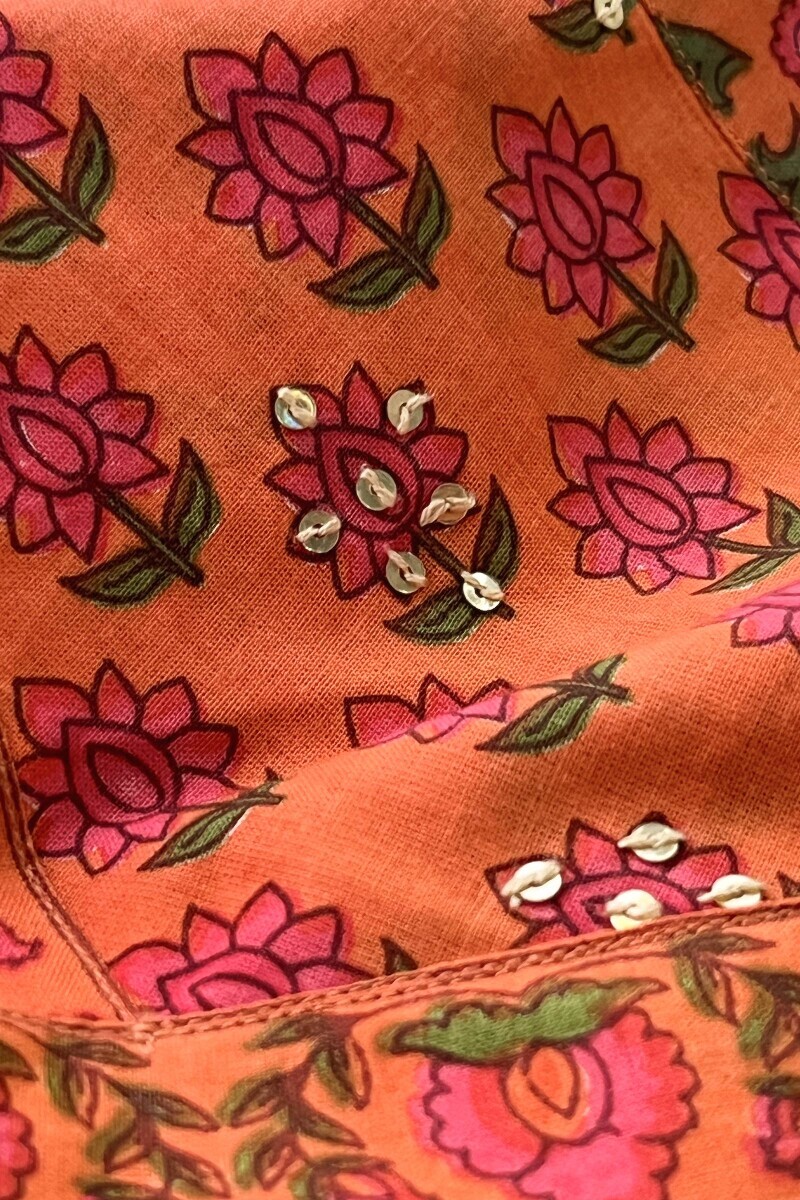 Orange Hand Printed Straight Cotton Kurta