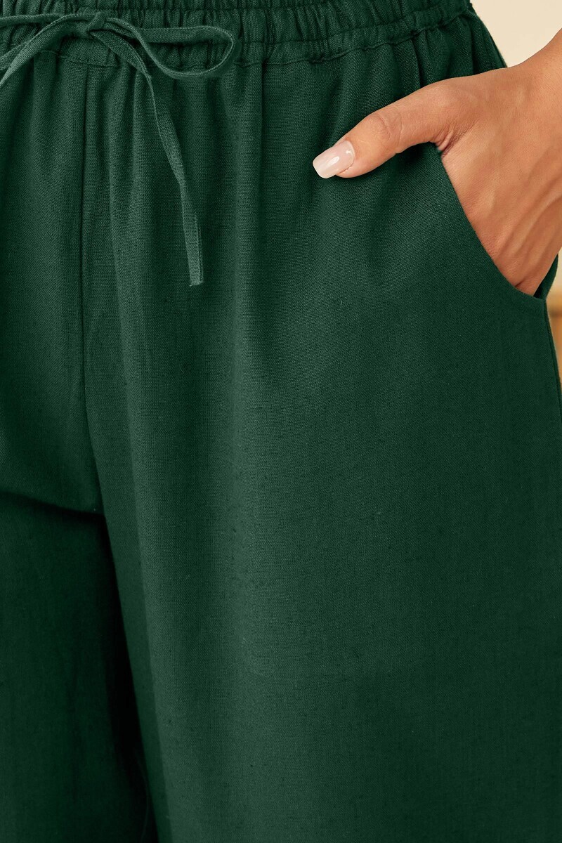 Green Handcrafted Cotton Flax Narrow Pants