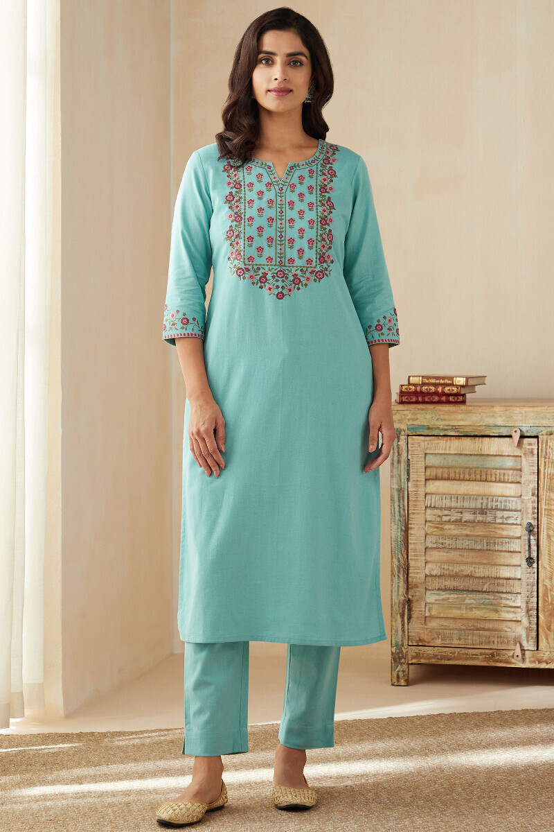 Blue Handcrafted Straight Cotton Flax Kurta