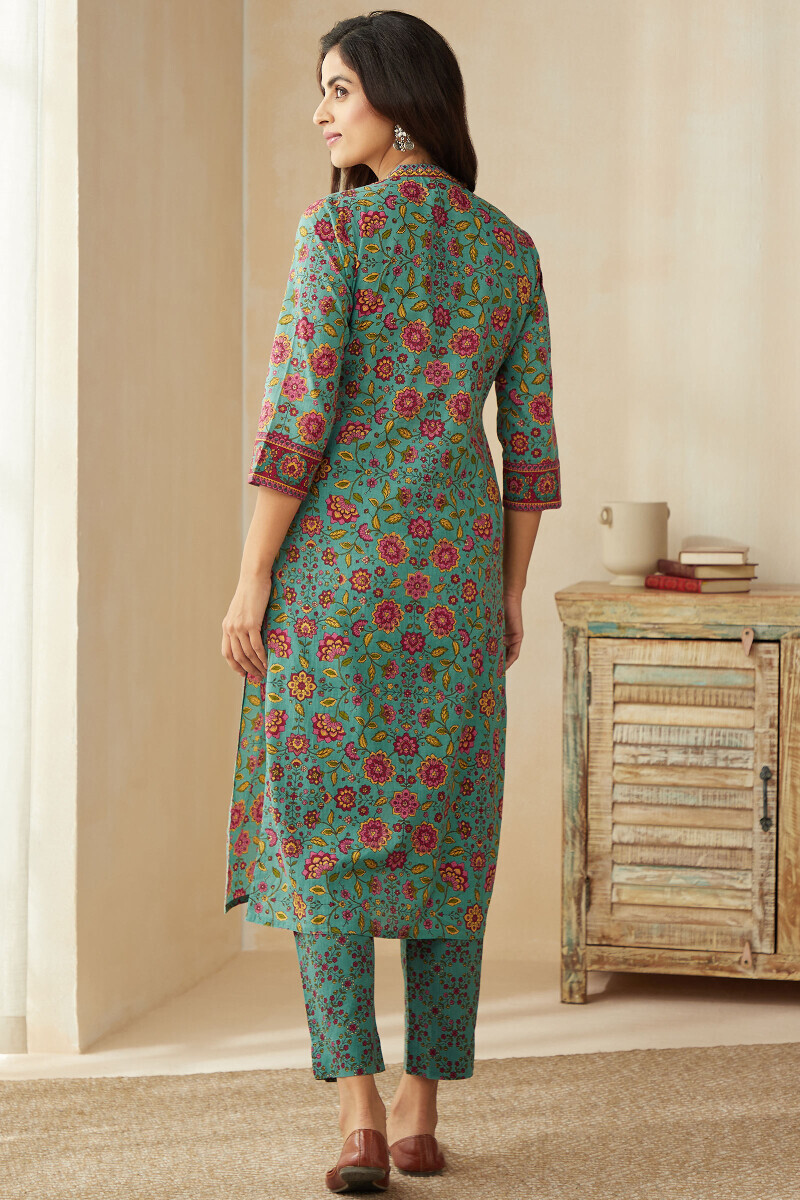 Blue Hand Printed Straight Cotton Kurta