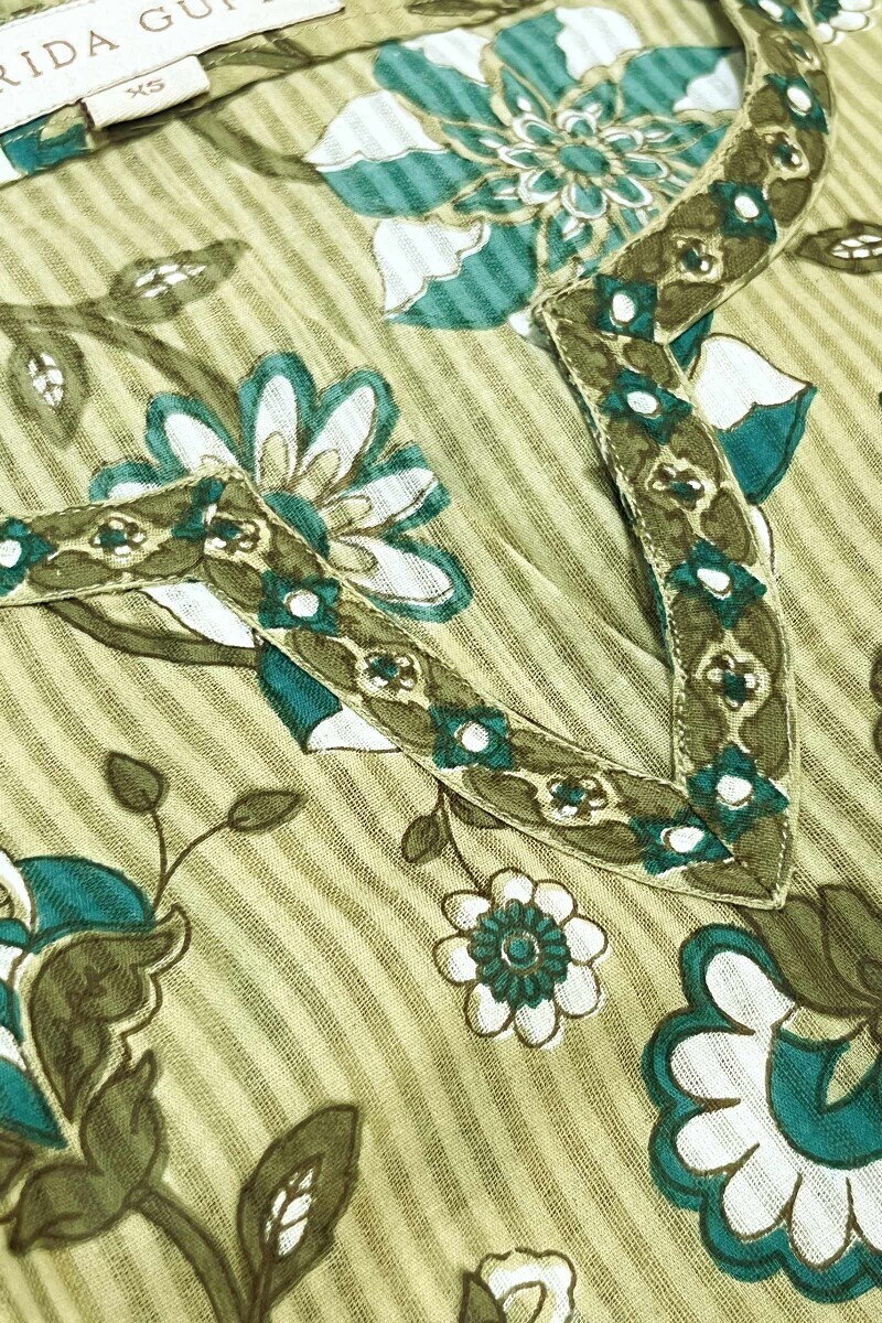 Green Hand Printed Straight Cotton Dobby Kurta