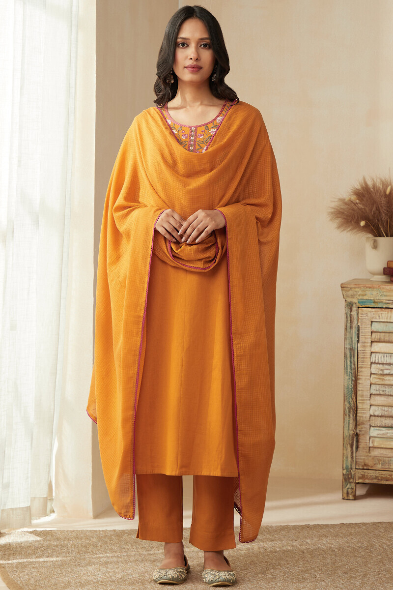 Mustard Handcrafted Straight Cotton Flax Kurta