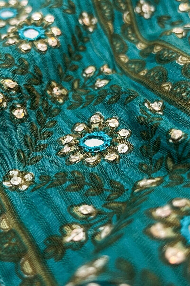 Teal Hand Printed Straight Cotton Dobby Kurta