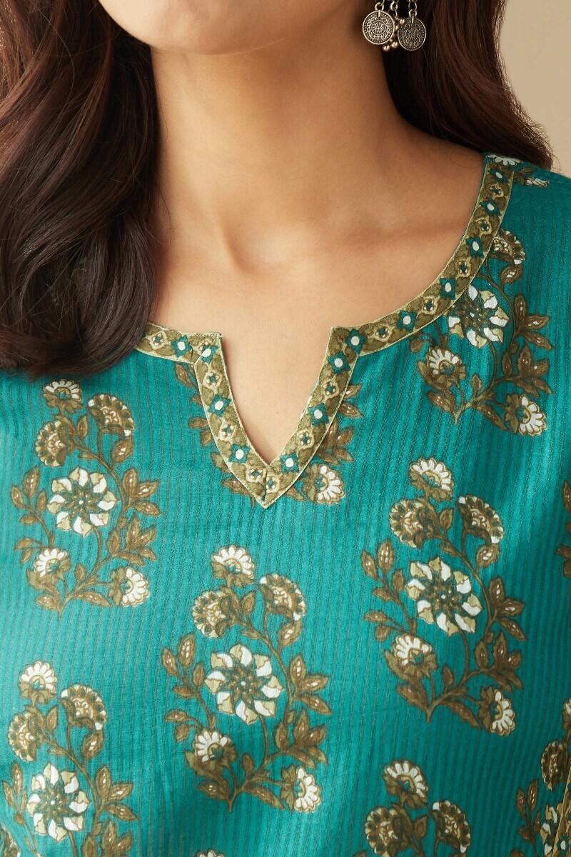 Teal Hand Printed Straight Cotton Dobby Kurta