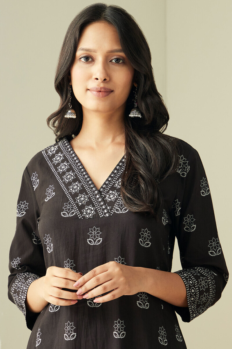 Black Hand-Printed Straight Cotton Kurta