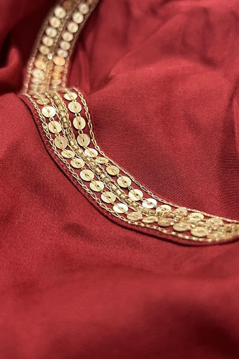 Red Handcrafted Straight Modal Satin Kurta