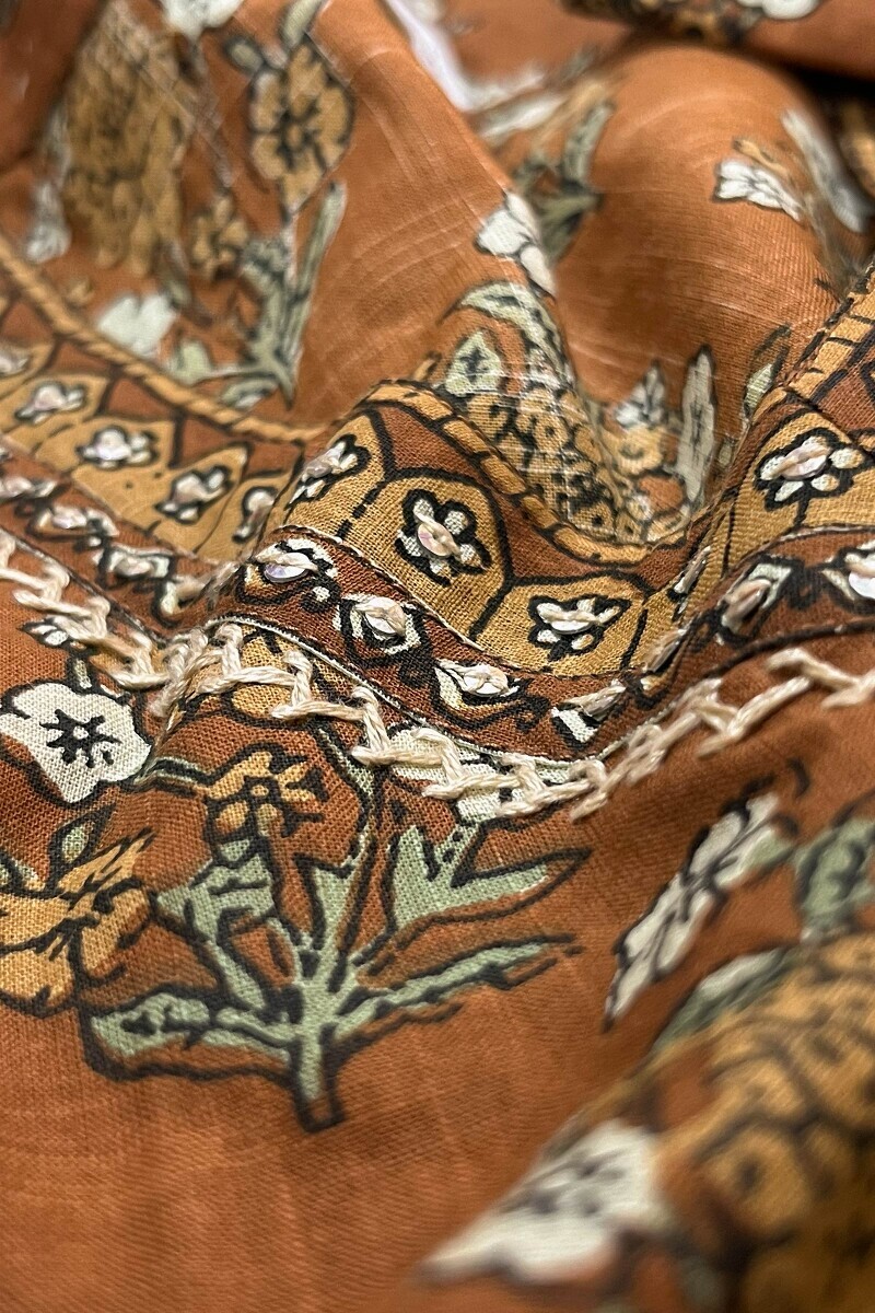Brown Hand Printed Straight Cotton Slub Kurta
