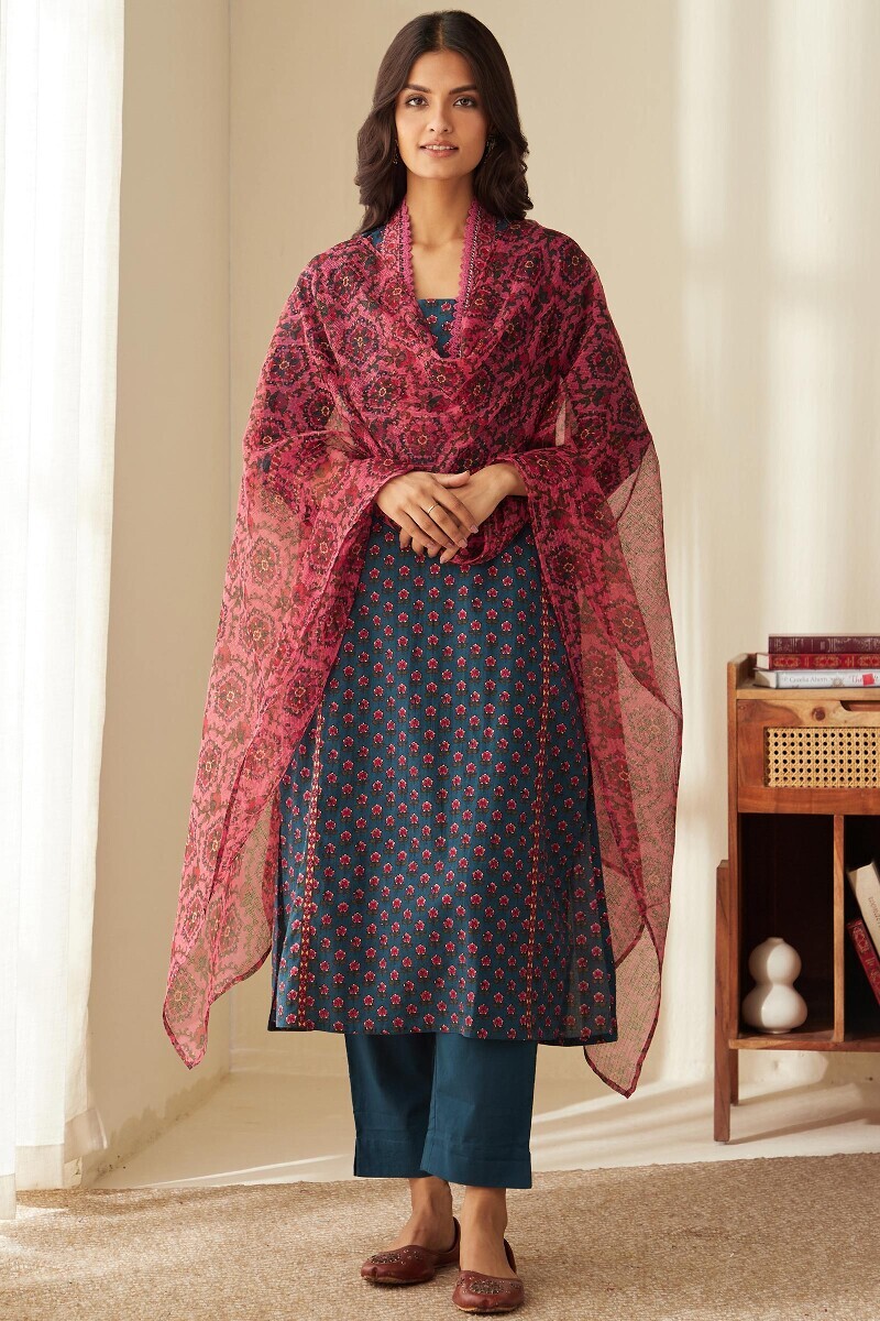 Indigo Hand Printed Straight Cotton Kurta