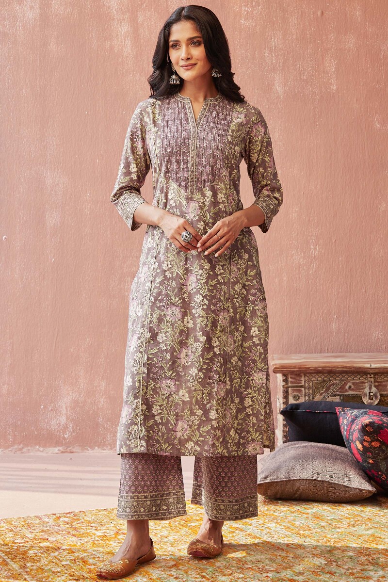 Brown Hand Block-Printed Straight Cotton Kurta