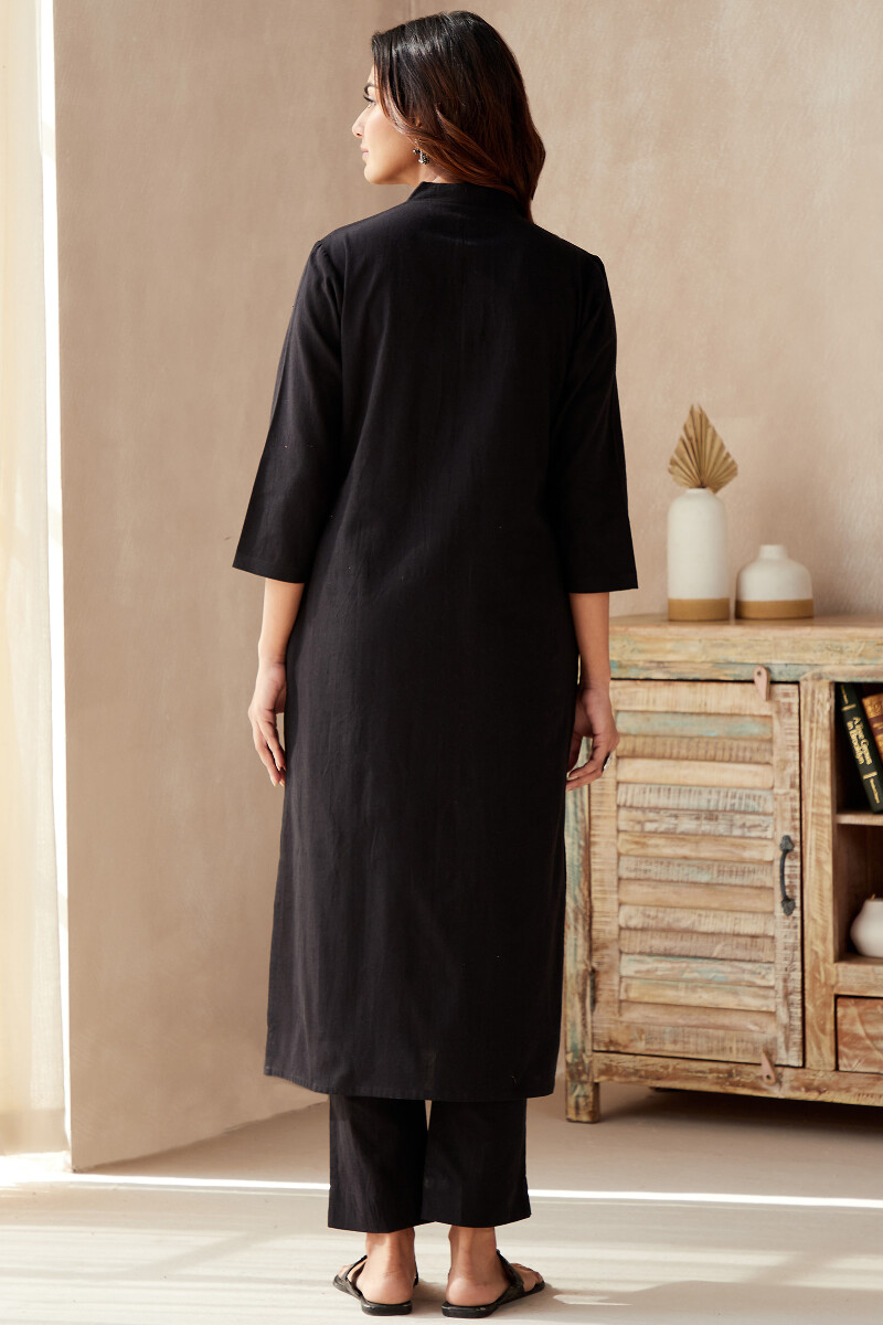 Black Handcrafted Straight Cotton Flax Kurta