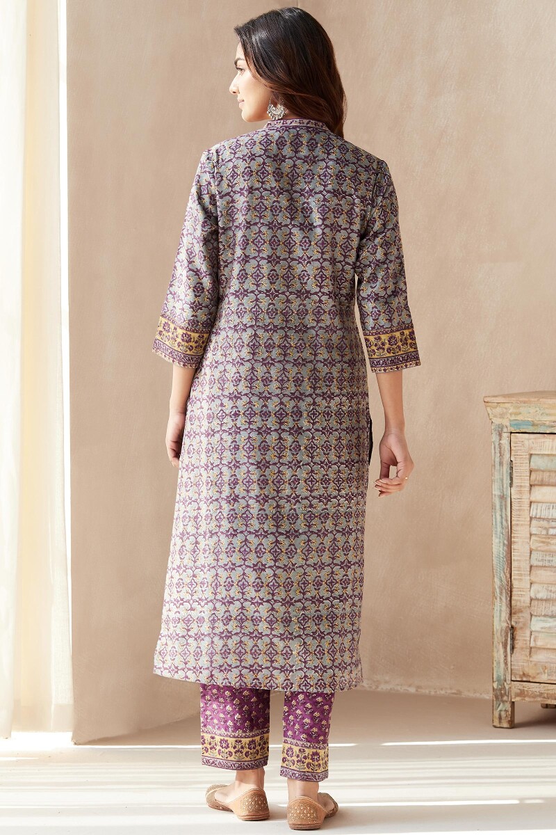 Blue Hand Block-Printed Straight Chanderi Kurta