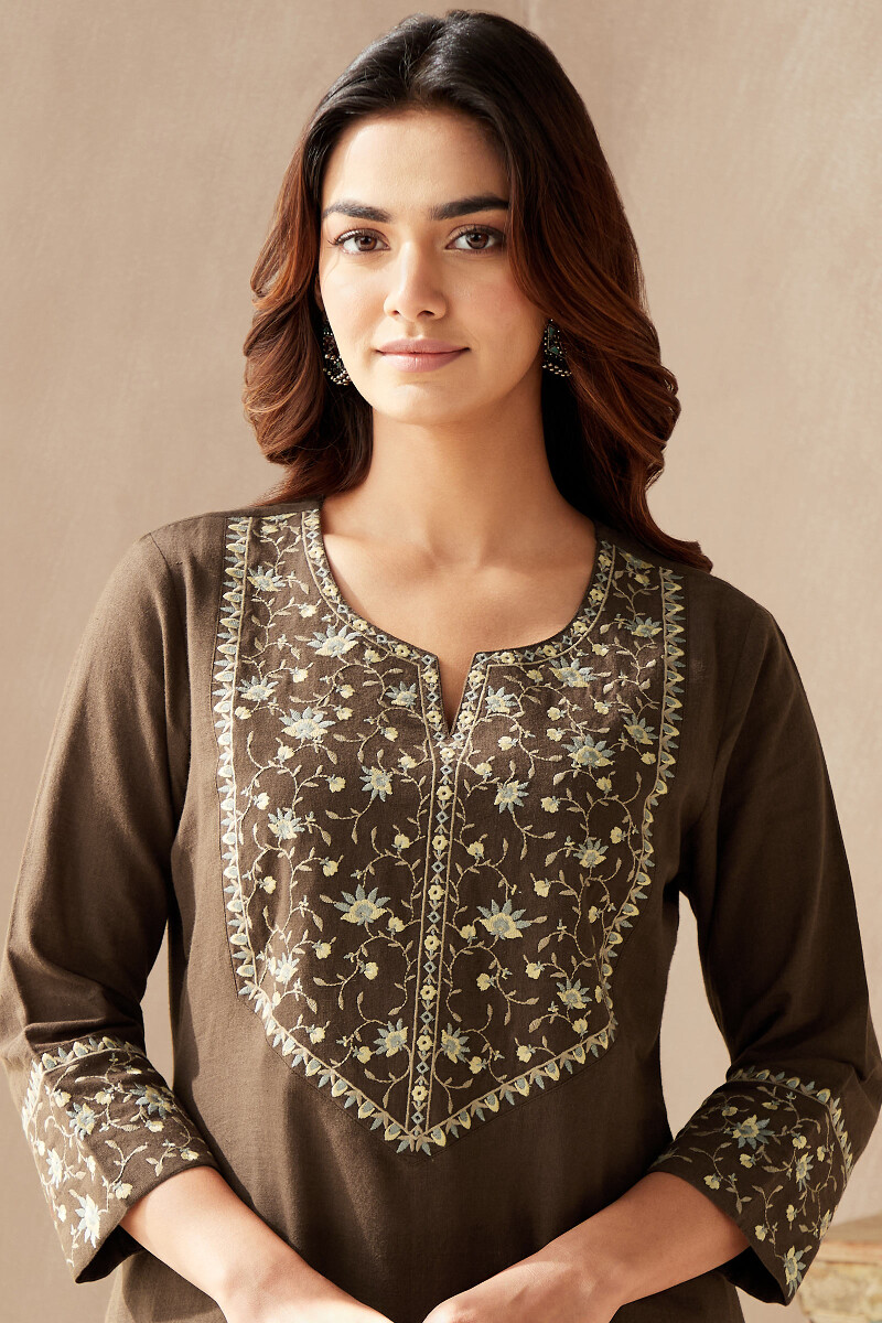 Brown Handcrafted Straight Cotton Kurta