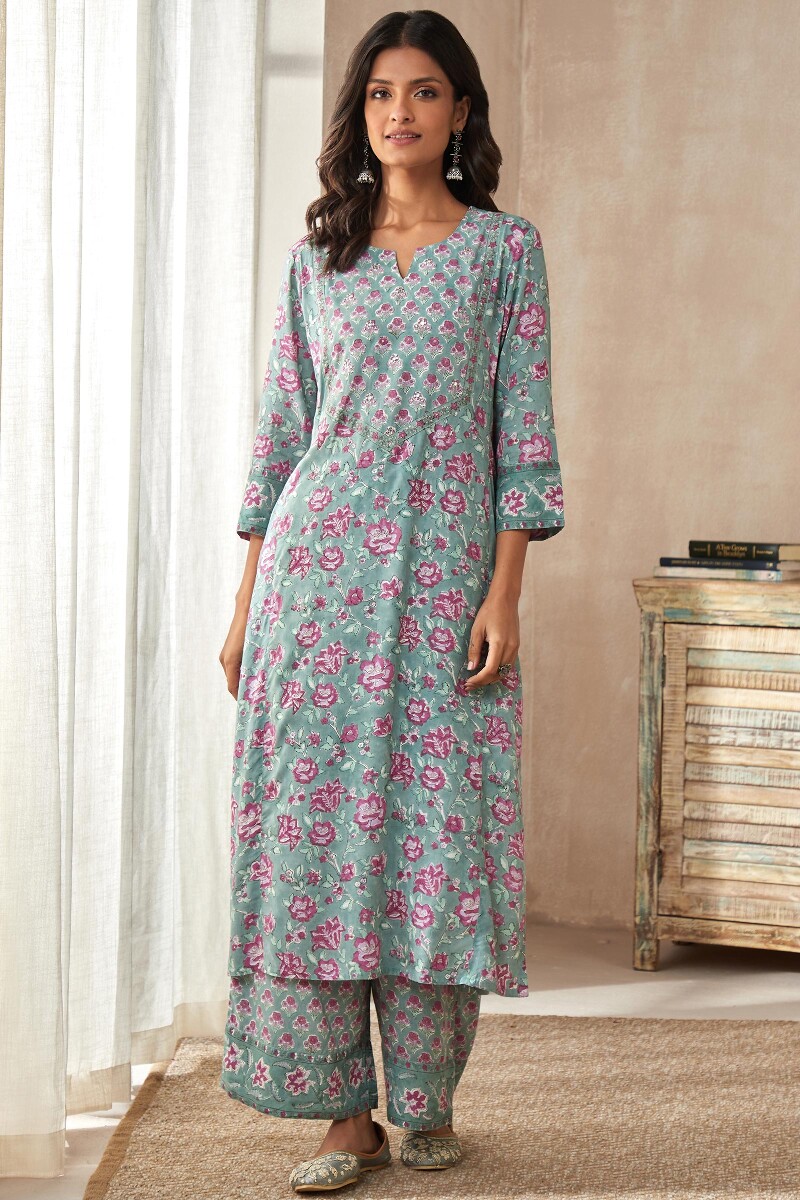 Green Hand Block-Printed Straight Viscose Kurta