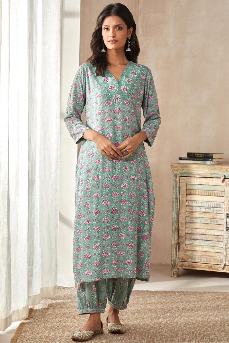 Green Hand Block-Printed Straight Viscose Kurta