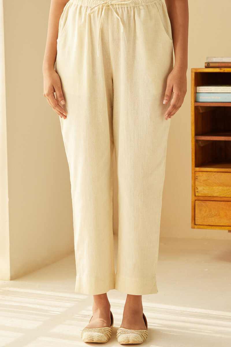 Cream Handcrafted Cotton Flax Narrow Pants