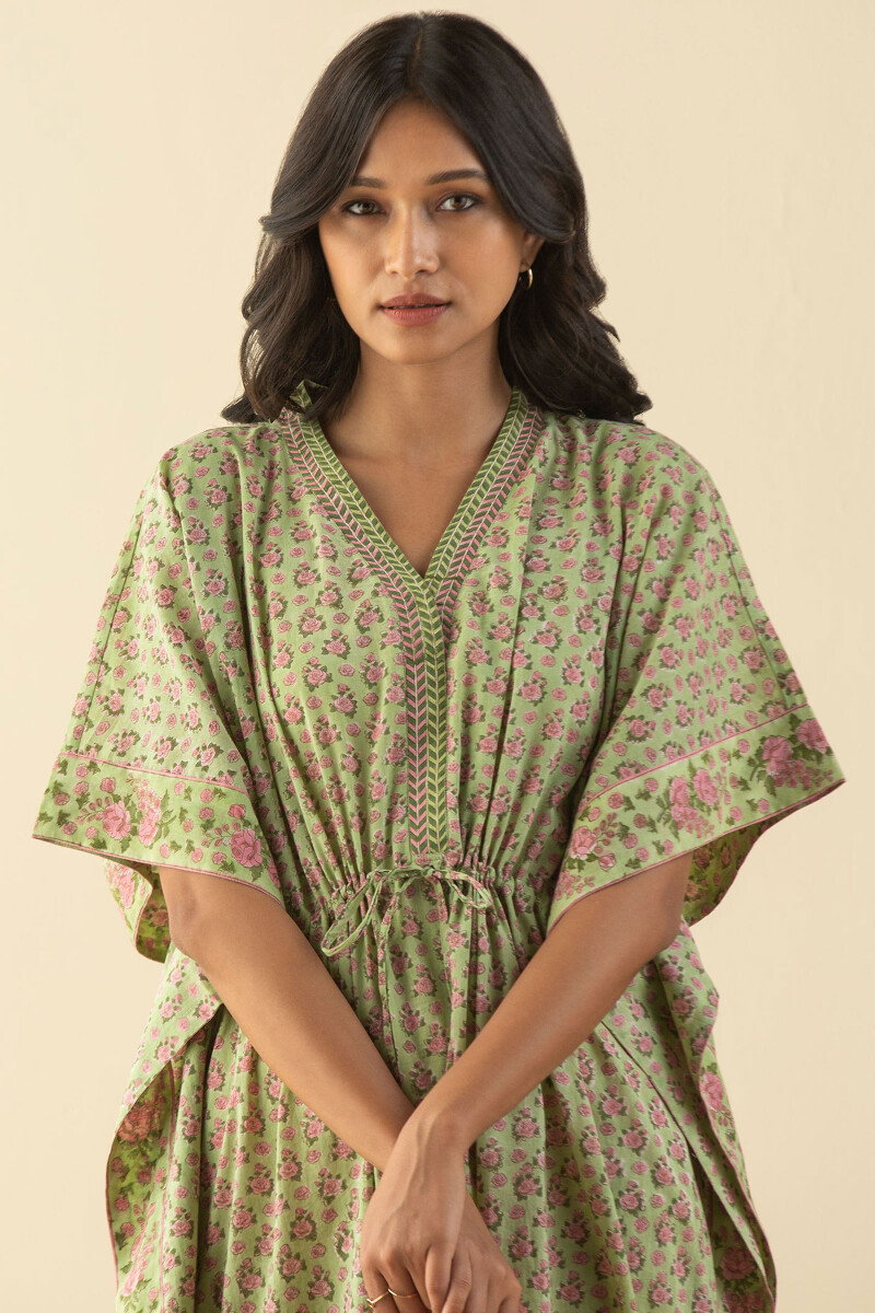 Green Hand Block-Printed Cotton Mul Kaftan