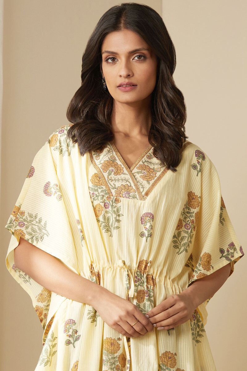 Beige Hand Block-Printed Cotton Dobby Kaftan
