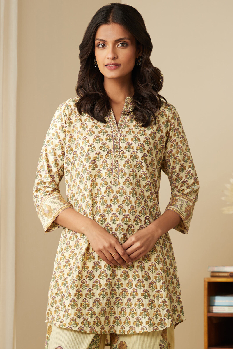 Cream Hand Block-Printed Cotton Dobby Loungewear Set