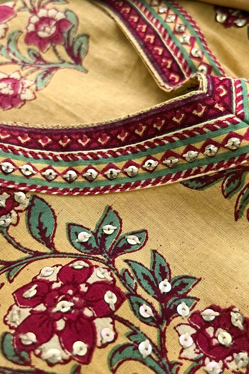 Yellow Hand-Printed Straight Cotton Kurta